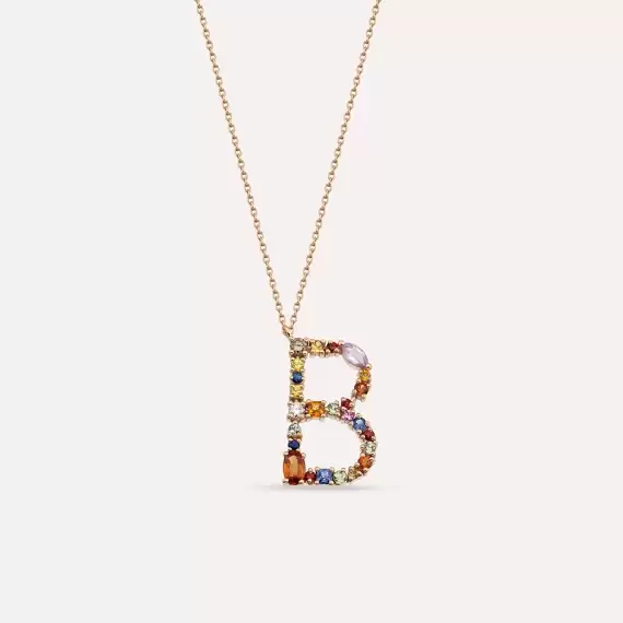 1.42 CT Multicolor Safir ve Brown Pırlanta Taşlı Rose Altın B Harf Kolye - 1