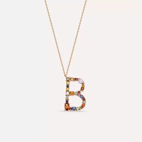 1.45 CT Multicolor Sapphire and Brown Diamond Rose Gold B Letter Necklace - 1