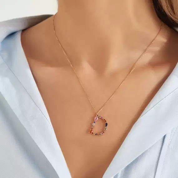 1.61 CT Multicolor Safir ve Brown Pırlanta Taşlı Rose Altın D Harf Kolye - 2