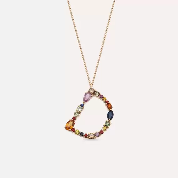 1.57 CT Multicolor Sapphire and Brown Diamond Rose Gold D Letter Necklace - 1