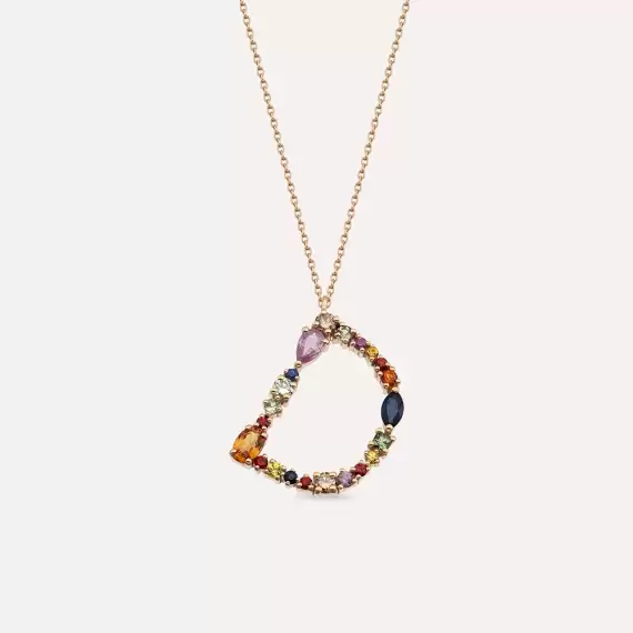 1.61 CT Multicolor Sapphire and Brown Diamond Rose Gold D Letter Necklace - 1