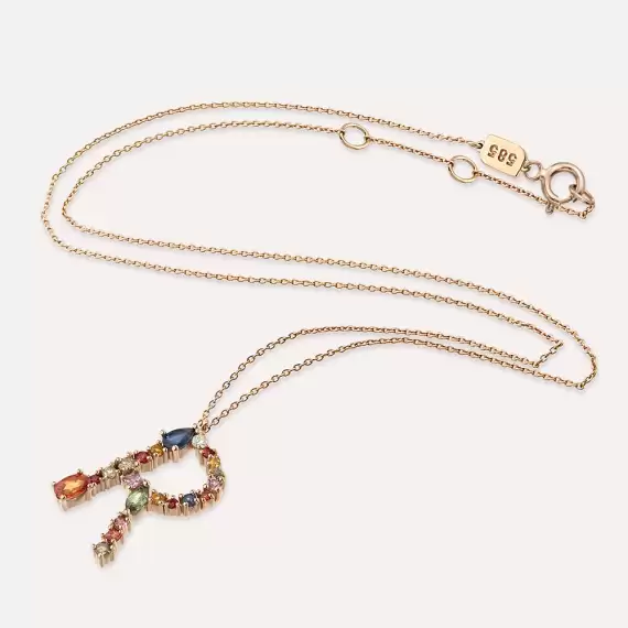 1.26 CT Multicolor Sapphire and Diamond Rose Gold R Letter Necklace - 3