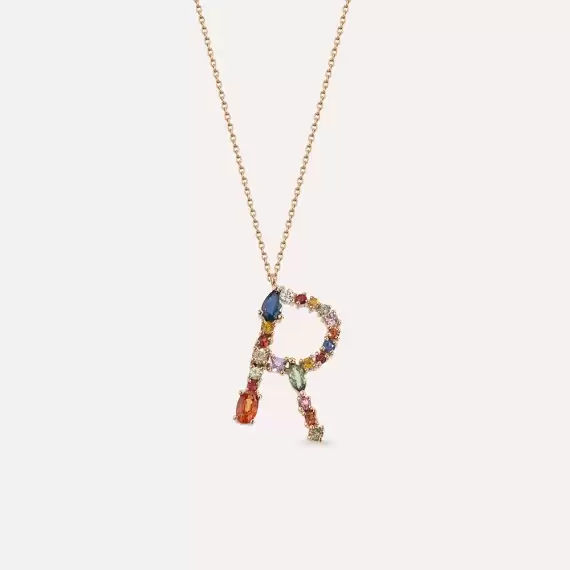 1.26 CT Multicolor Sapphire and Diamond Rose Gold R Letter Necklace - 1