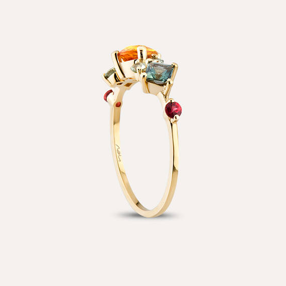 1.64 CT Multicolor Sapphire and Diamond Yellow Gold Ring - 5