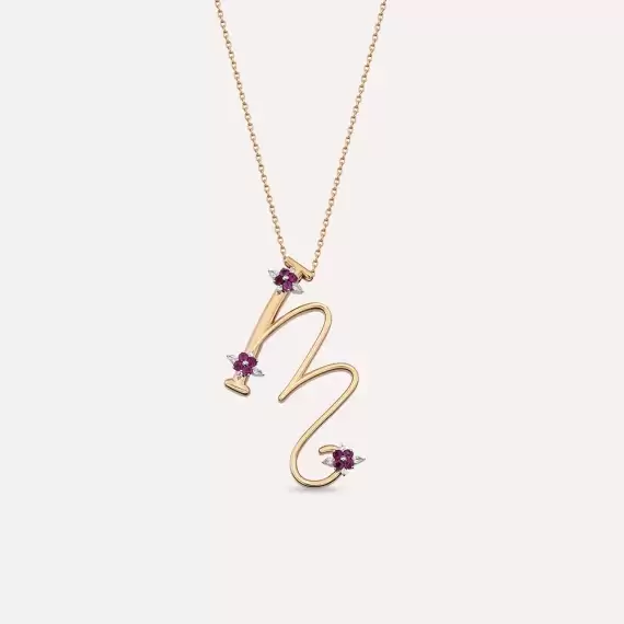 1.59 CT Ruby and Diamond, Flower Detailed Letter M Necklace - 1