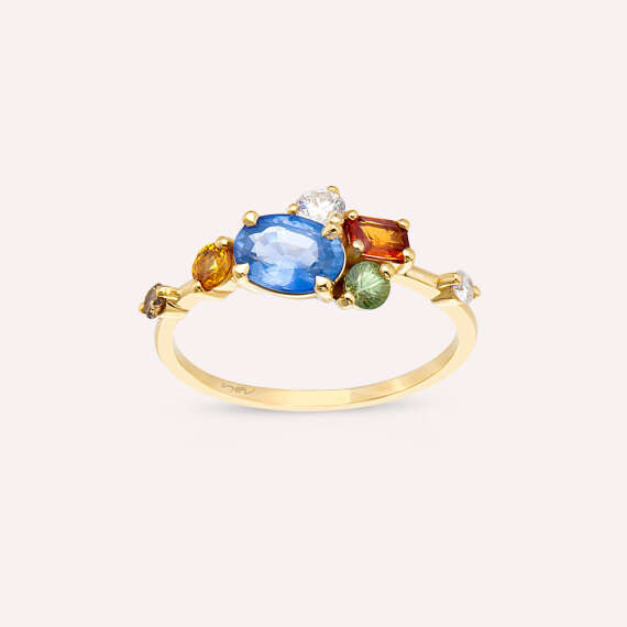 1.60 CT Multicolor Sapphire and Diamond Yellow Gold Ring - 1
