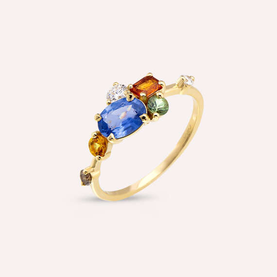 1.60 CT Multicolor Sapphire and Diamond Yellow Gold Ring - 2