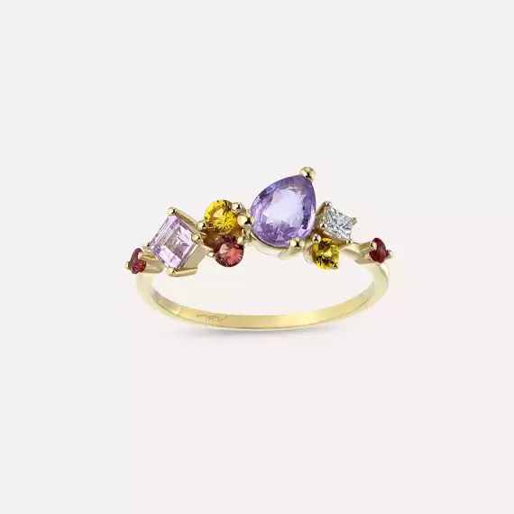 1.66 CT Multicolor Sapphire and Diamond Yellow Gold Ring - 3