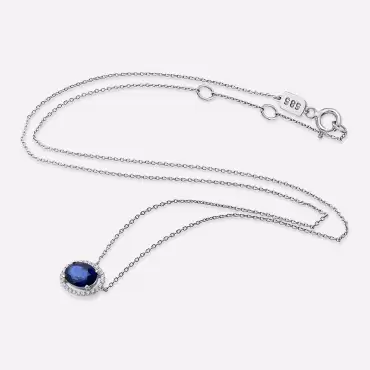 Reeds Jewelers 14K White Gold Sapphire and Diamond Drop Pendant Necklace,  TDW.17