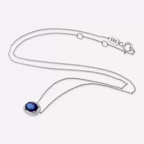 1.71 CT Oval Cut Sapphire and Diamond White Gold Necklace - 2