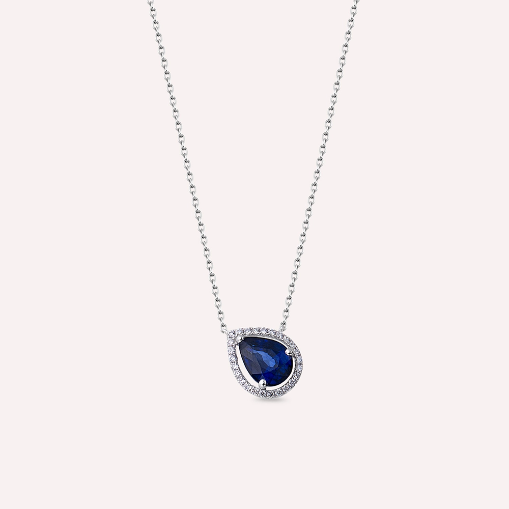 1.78 CT Pear Cut Sapphire and Diamond White Gold Necklace - 1
