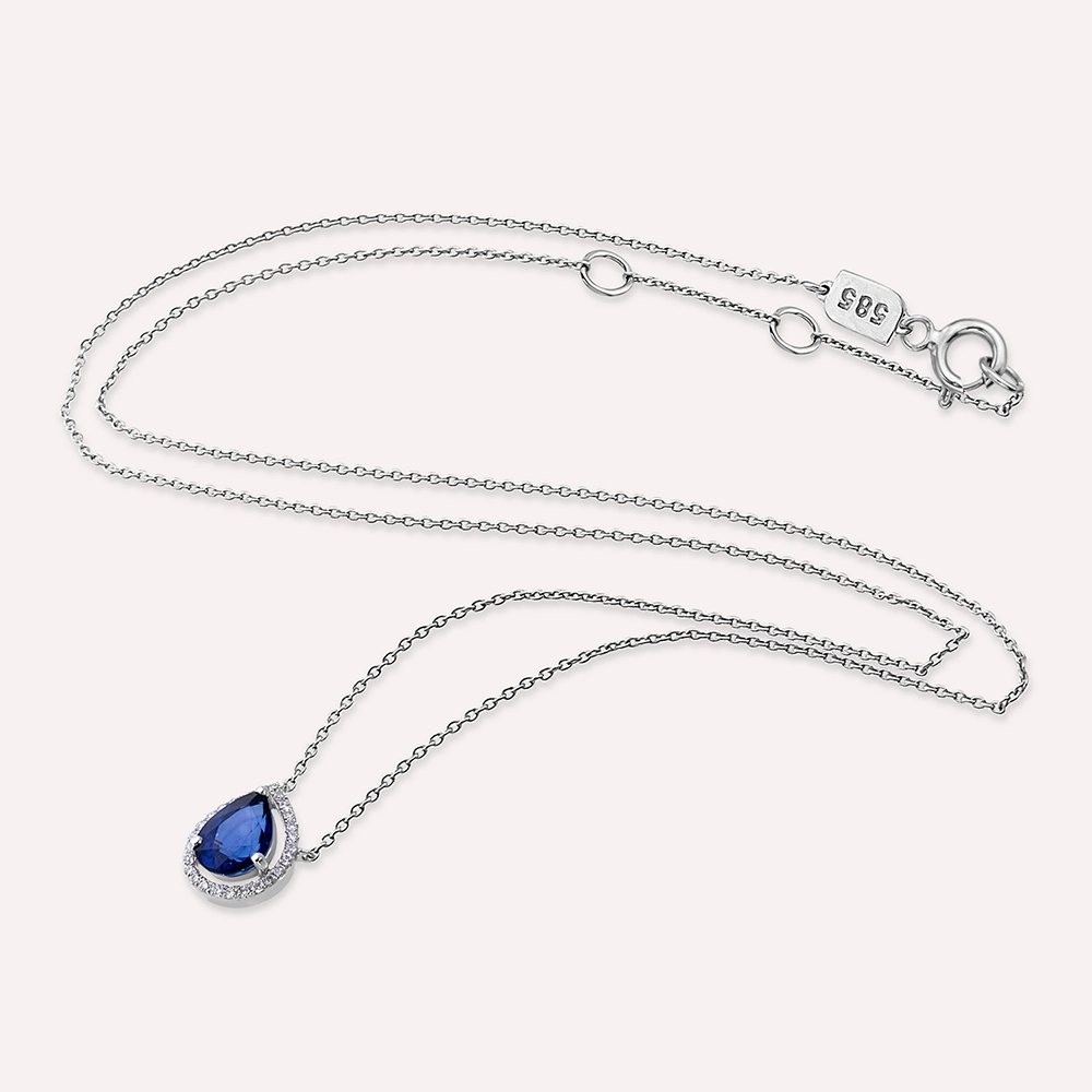 1.78 CT Pear Cut Sapphire and Diamond White Gold Necklace - 2