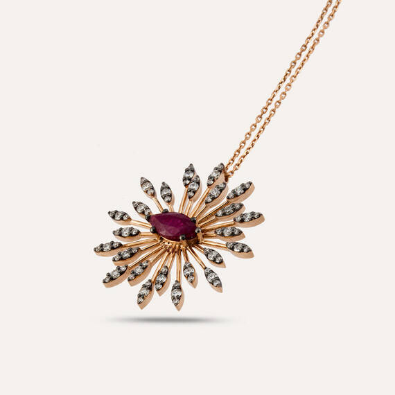 Shine 1.60 CT Yakut ve Pırlanta Taşlı Rose Altın Kolye - 3