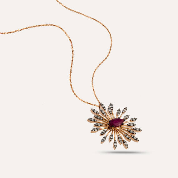 Shine 1.60 CT Yakut ve Pırlanta Taşlı Rose Altın Kolye - 4