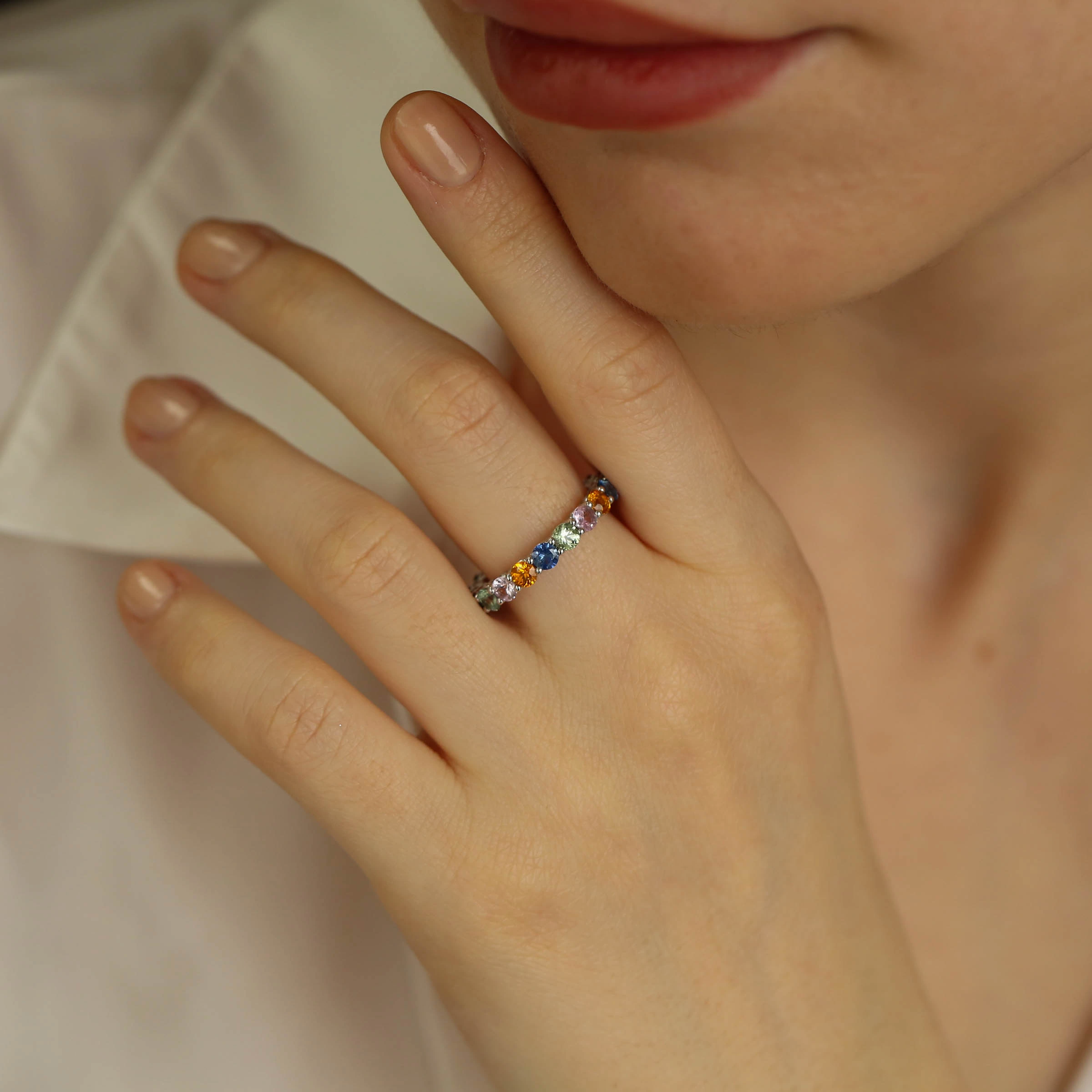 3.75 CT Multicolor Safir Taşlı Tamtur Beyaz Altın Yüzük - 4
