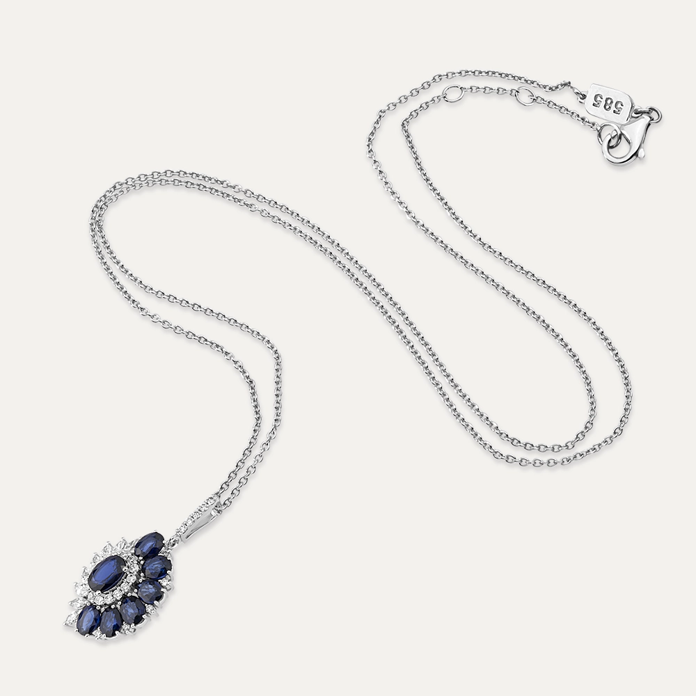 Blue Sapphire & Diamond Necklace in 18k White Gold