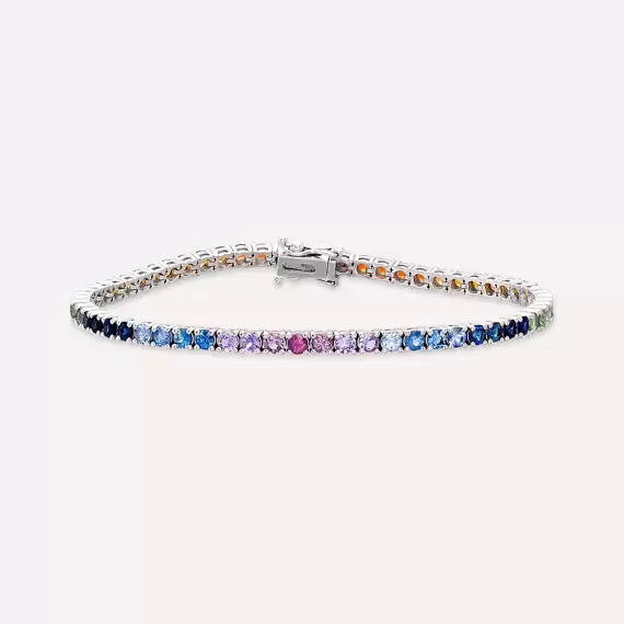 5.55 CT Multicolor Sapphire White Gold Tennis Bracelet - 1