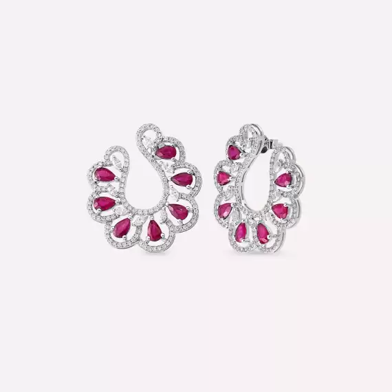 5.92 CT Pear Cut Ruby and Diamond White Gold Earring - 1