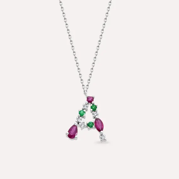 A Letter Ruby, Emerald and Diamond White Gold Necklace - 1