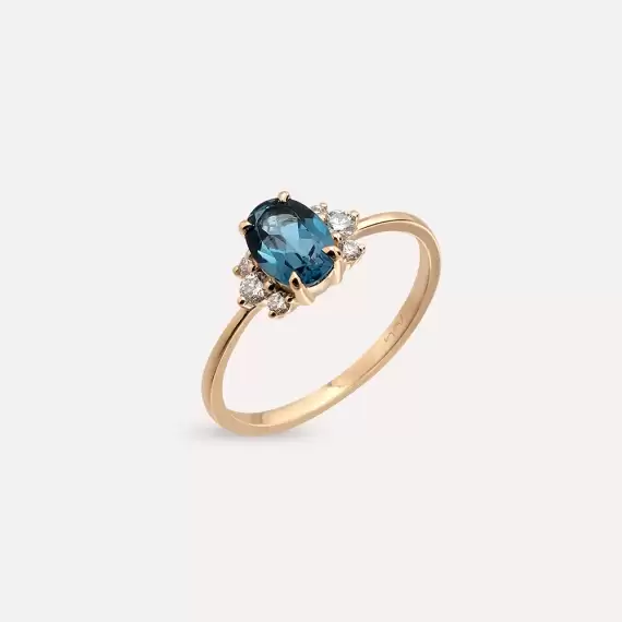 1.02 CT London Blue Topaz ve Pırlanta Taşlı Rose Altın Yüzük - 1