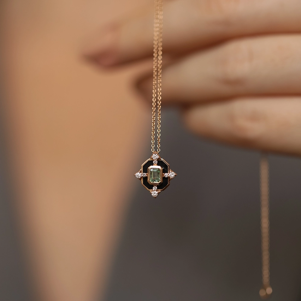 Antares 0.26 CT Diamond and Light Green Sapphire Black Enamel Pendant - 1