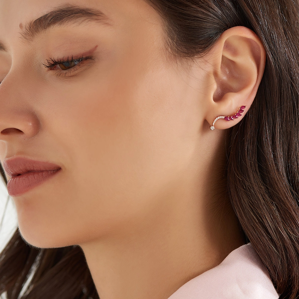 Arc 0.83 CT Markiz Kesim Yakut ve Pırlanta Taşlı Tek Küpe - 2