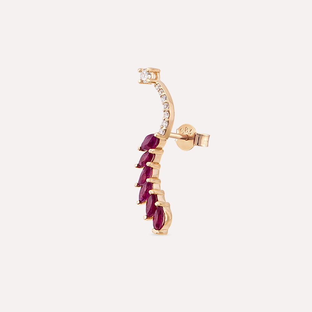 Arc 0.75 CT Marquise Cut Ruby and Diamond Single Earring - 1