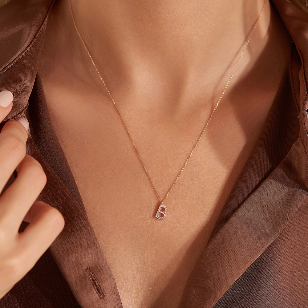 B Letter 0,09 CT Diamond Rose Gold Necklace - 3