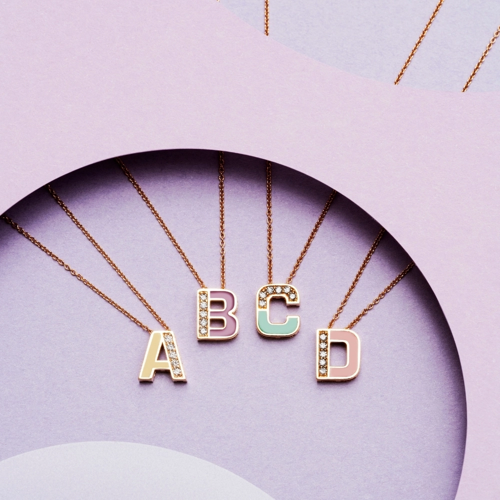 B Letter Diamond and Fushia Enamel Rose Gold Pendant - 3