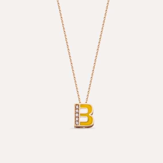 B Letter Diamond and Yellow Enamel Rose Gold Pendant - 1