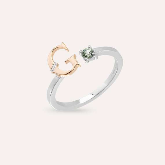 Baguette Cut Diamond and Green Sapphire G Letter Ring - 3