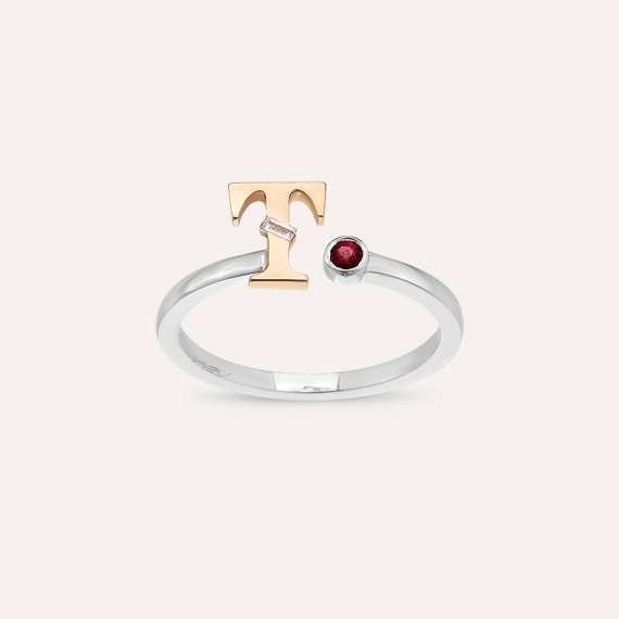 Baguette Cut Diamond and Red Sapphire T Letter Ring - 1