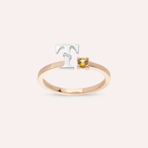 Baguette Cut Diamond and Yellow Gold T Letter Ring - 1