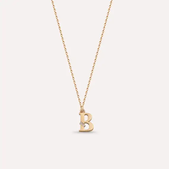 Baguette Cut Diamond Rose Gold B Letter Necklace - 1