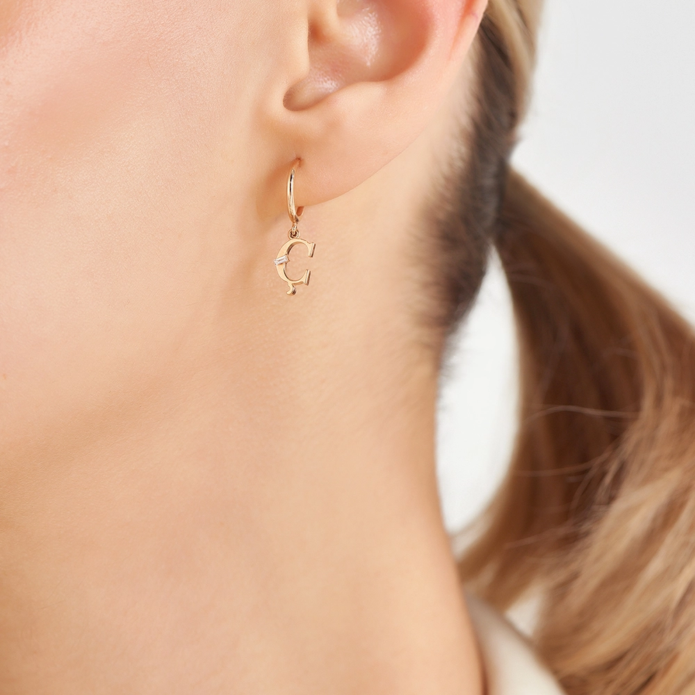 Baguette Cut Diamond Rose Gold Ç Letter Single Dangling Earring - 2