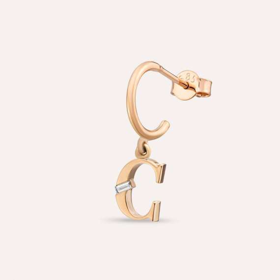 Baguette Cut Diamond Rose Gold C Letter Single Dangling Earring - 1