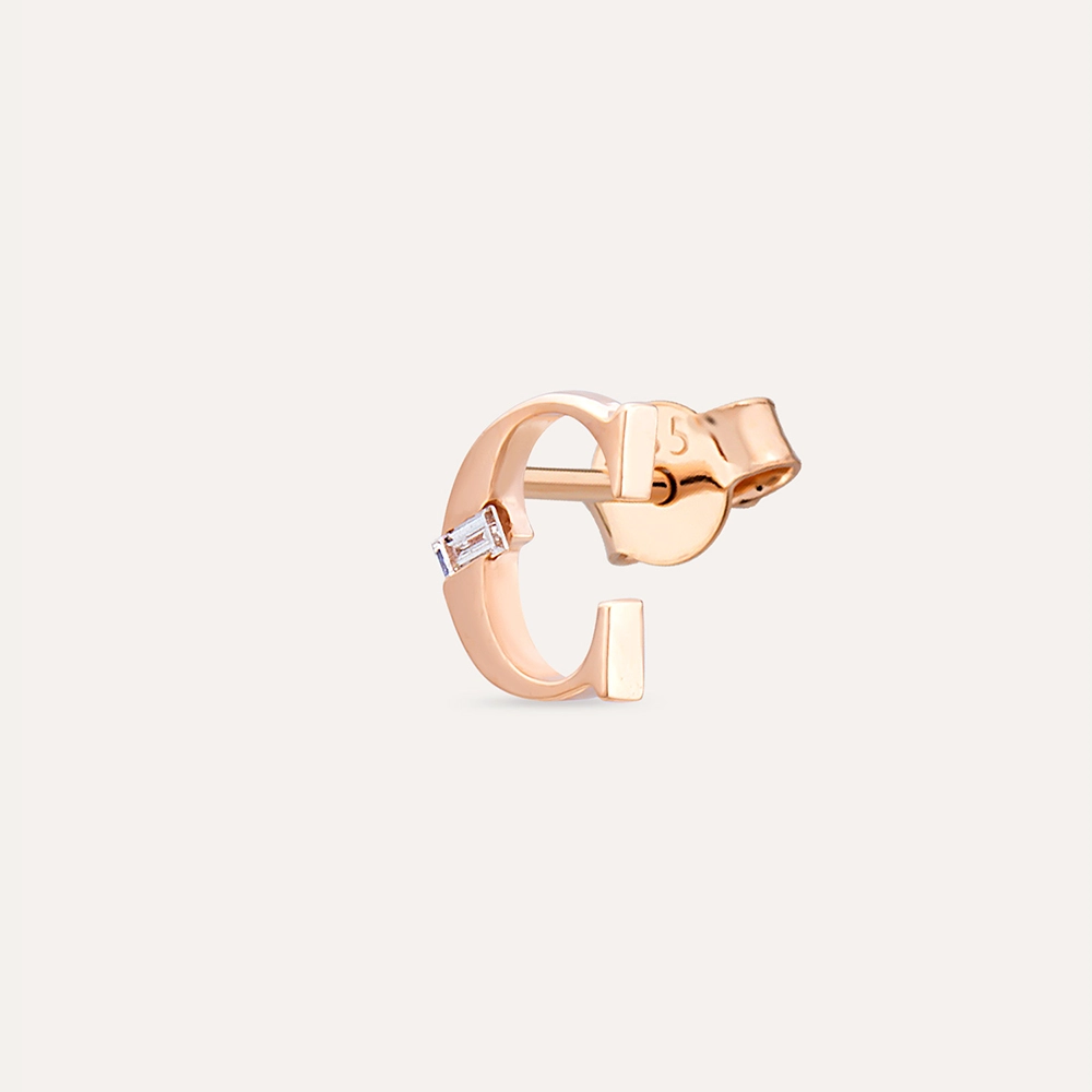 Baguette Cut Diamond Rose Gold C Letter Single Earring - 1
