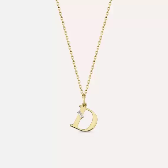 Baguette Cut Diamond Yellow Gold D Letter Necklace - 1