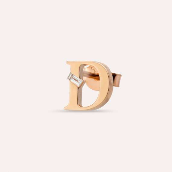 Baguette Cut Diamond Rose Gold D Letter Single Earring - 1