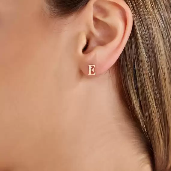 Baguette Cut Diamond Rose Gold E Letter Single Earring - 2