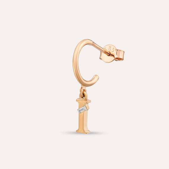 Baguette Cut Diamond Rose Gold I Letter Single Dangling Earring - 1
