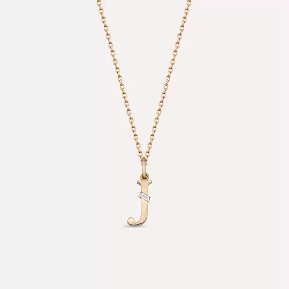 Baguette Cut Diamond Rose Gold J Letter Necklace - 1