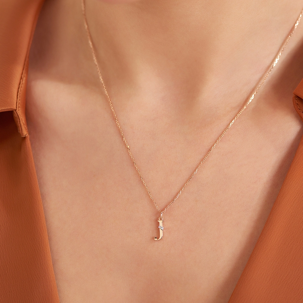 Baguette Cut Diamond Rose Gold J Letter Necklace - 2