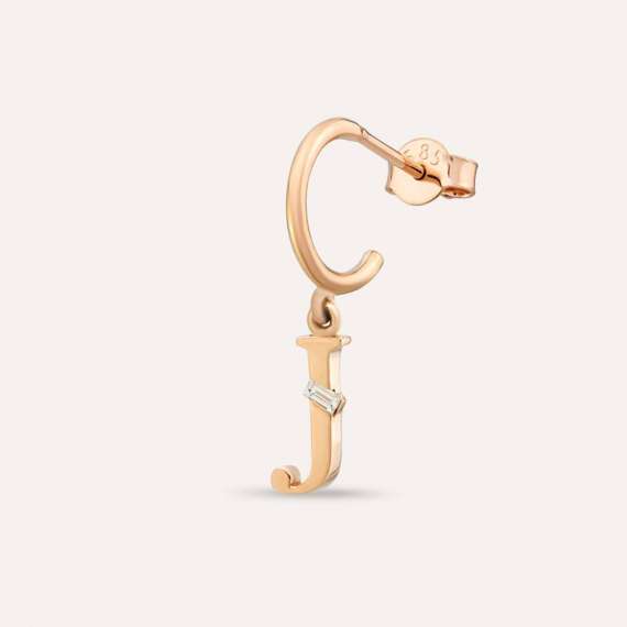 Baguette Cut Diamond Rose Gold J Letter Single Dangling Earring - 1