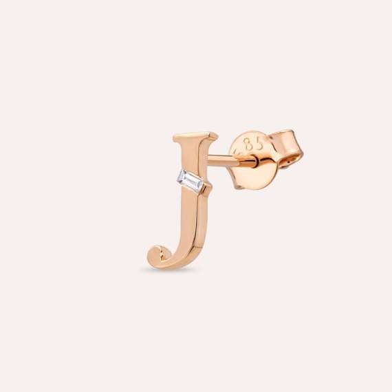Baguette Cut Diamond Rose Gold J Letter Single Earring - 1