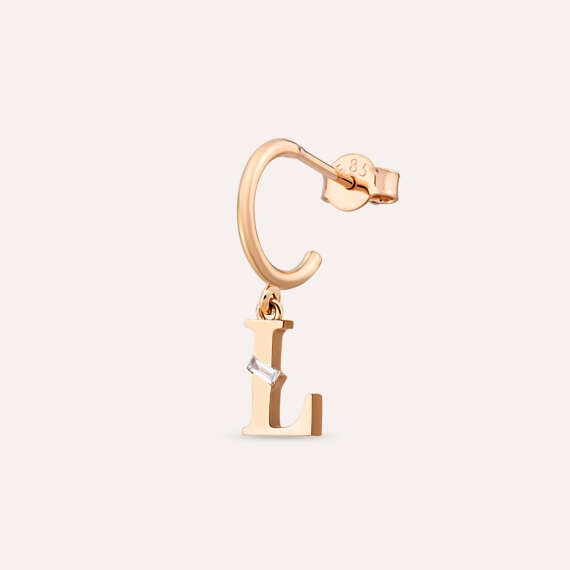 Baguette Cut Diamond Rose Gold L Letter Single Dangling Earring - 1