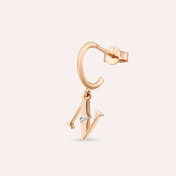 Baguette Cut Diamond Rose Gold N Letter Single Dangling Earring - 1