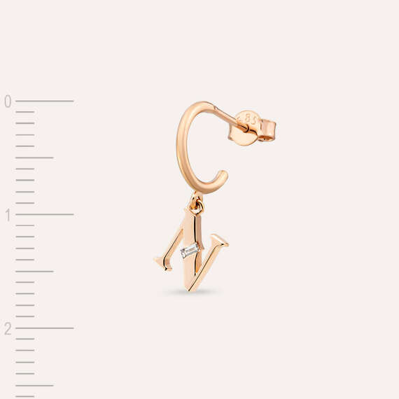 Baguette Cut Diamond Rose Gold N Letter Single Dangling Earring - 2