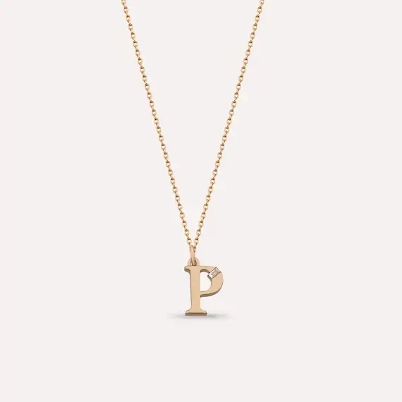 Baguette Cut Diamond Rose Gold P Letter Necklace - 1
