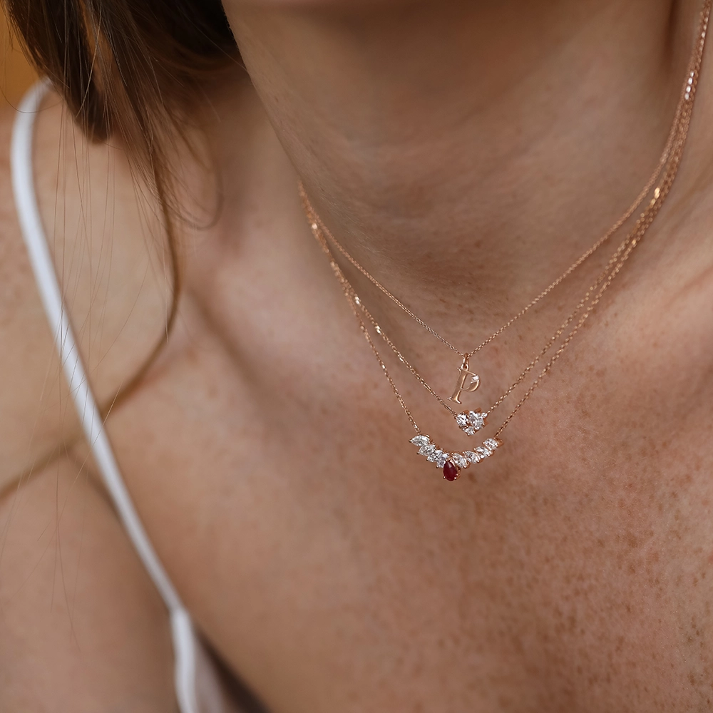 Baguette Cut Diamond Rose Gold P Letter Necklace - 2